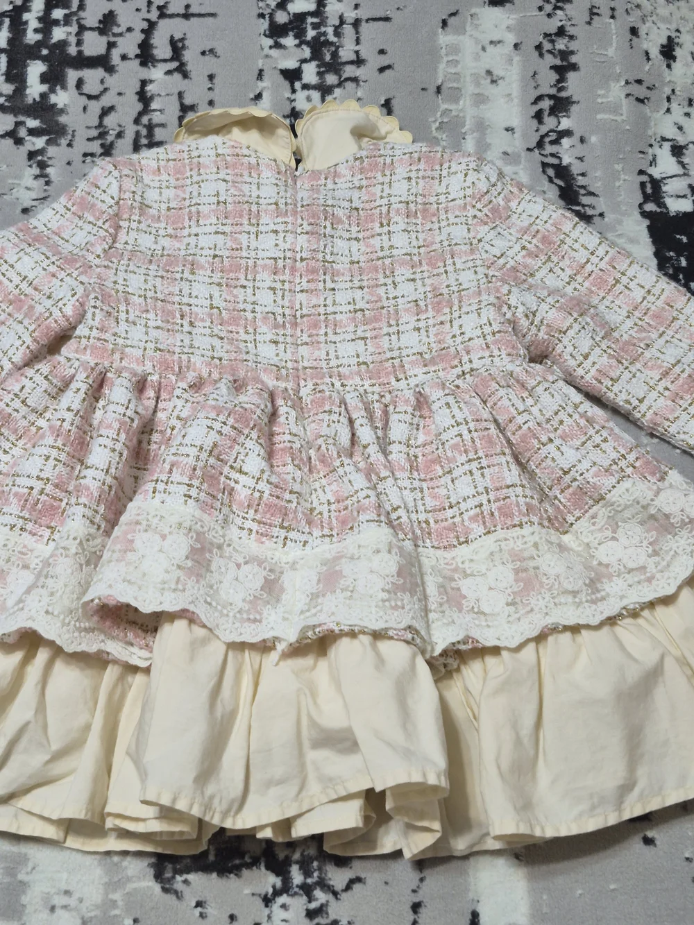 Pettigirl Autumn  Party pink plaid tweed ruffle dressscalloped Peter Pan collar